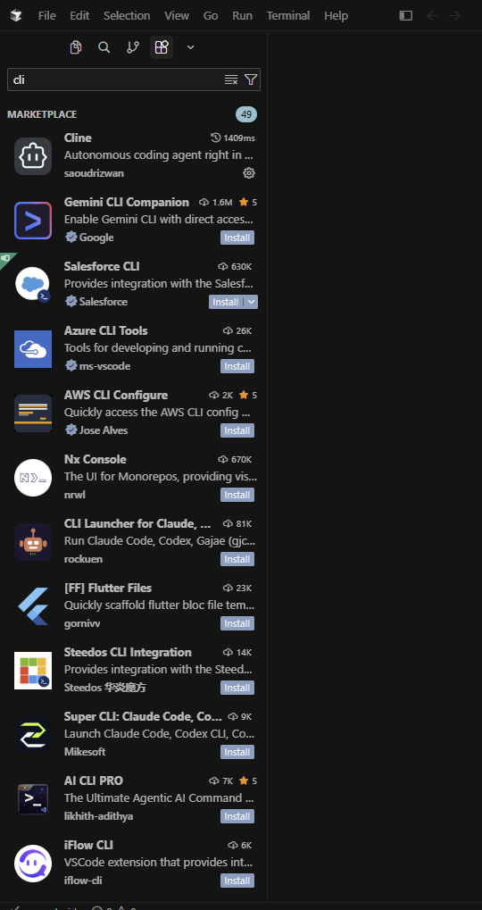 Поиск cli и установка расширения Cline в Cursor